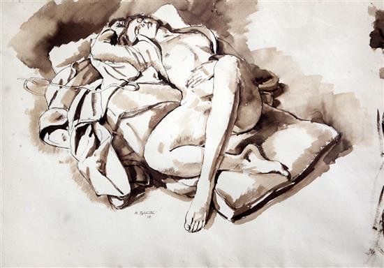 § Michael Rothenstein (1908-1993) Reclining female nude, a sketch of figures around a table verso, 15 x 22in.